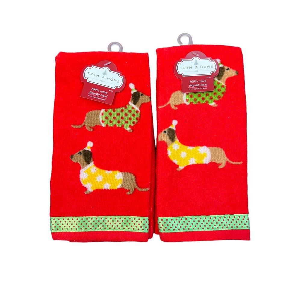 2 NEW Kmart Trim A Home Holiday Dachshund Fingertip Towels 11x17" Vintage Dogs
